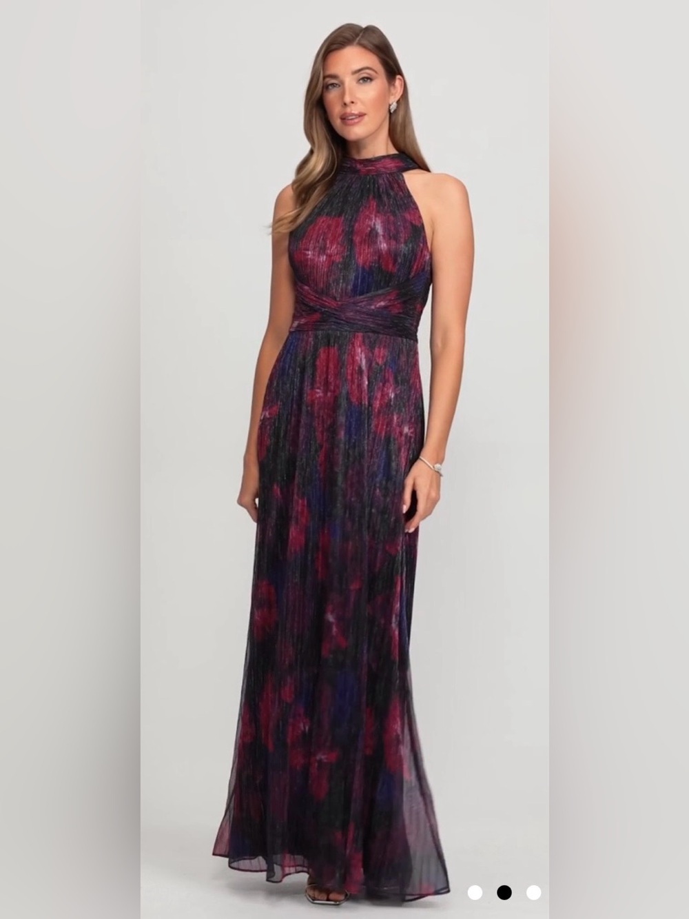 Sleeveless Floral Halter Neck Dress Silver Sparkle, Elegant Evening Dress.